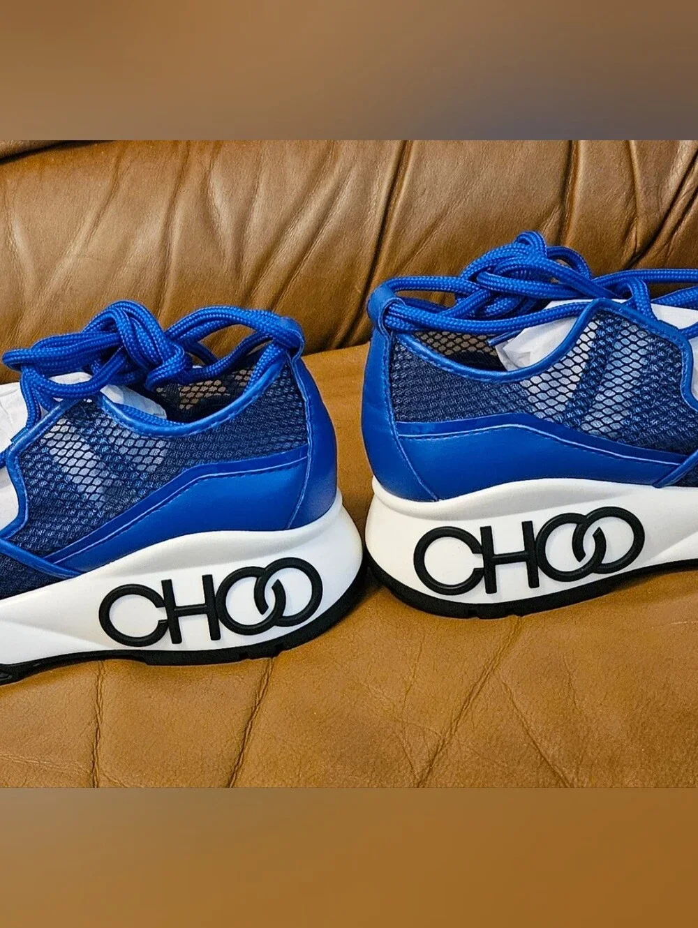 New Women's Jimmy Choo Blue Leather Strappy Lace Designer Sneakers Size 5.5 US